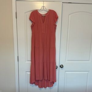 LOFT Coral Maxi Dress with Ruffle Sleeves